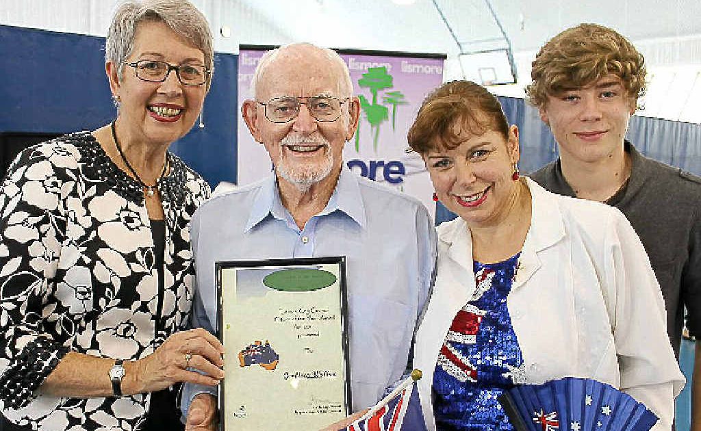 Mayor Jenny Dowell with Geoff Walker, his daughter Bronwyn and grandson Oliver. Mayor Jenny Dowell with Geoff Walker, his daughter Bronwyn and grandson Oliver.